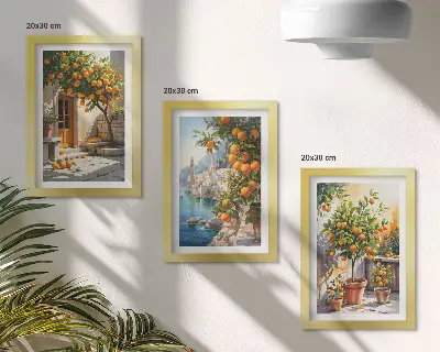 Framed triptych featuring painted citrus fruits and seaside landscapes