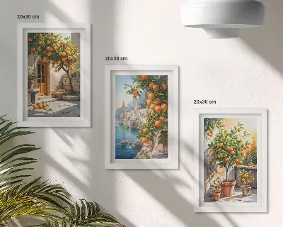 Framed triptych featuring painted citrus fruits and seaside landscapes