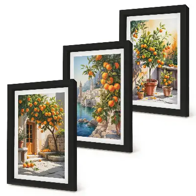 Framed triptych featuring painted citrus fruits and seaside landscapes