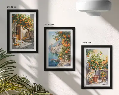 Framed triptych featuring painted citrus fruits and seaside landscapes