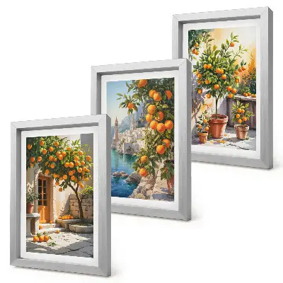 Framed triptych featuring painted citrus fruits and seaside landscapes