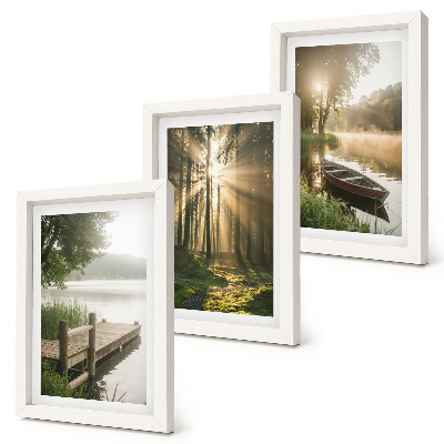 3-piece wall art set A calm lake, forest, and boat in the morning fog