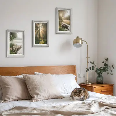 3-piece wall art set featuring a calm lake, forest, and boat in the morning fog