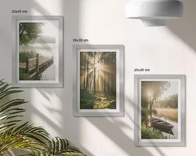 3-piece wall art set featuring a calm lake, forest, and boat in the morning fog
