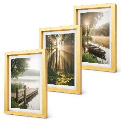 3-piece wall art set A calm lake, forest, and boat in the morning fog