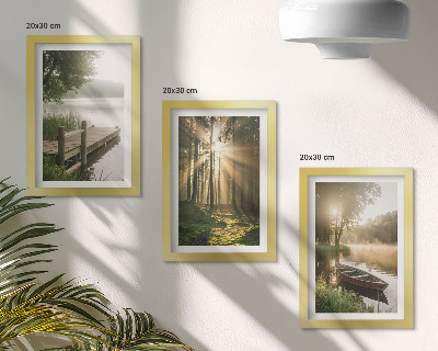 3-piece wall art set A calm lake, forest, and boat in the morning fog