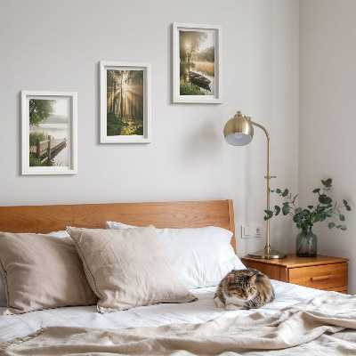 3-piece wall art set A calm lake, forest, and boat in the morning fog