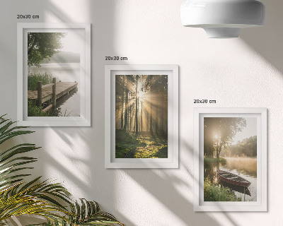 3-piece wall art set A calm lake, forest, and boat in the morning fog