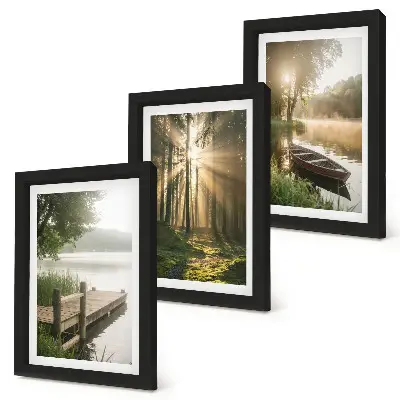 3-piece wall art set featuring a calm lake, forest, and boat in the morning fog