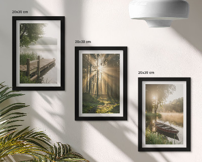3-piece wall art set A calm lake, forest, and boat in the morning fog