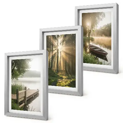 3-piece wall art set featuring a calm lake, forest, and boat in the morning fog
