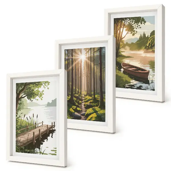 Photo frame wall gallery set peaceful forest and lake landscape with a boat