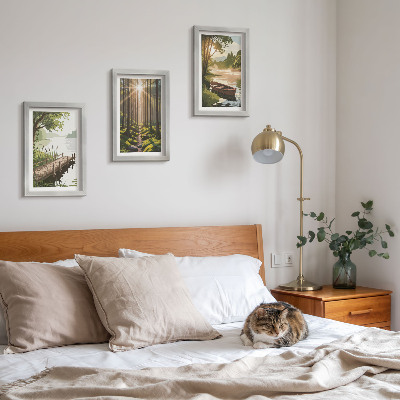 Photo frame wall Peaceful landscapes of the forest and lake with a boat