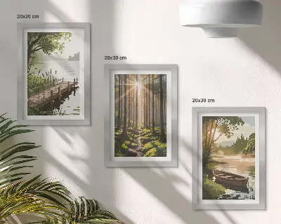 Photo frame wall gallery set peaceful forest and lake landscape with a boat