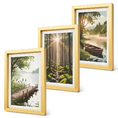 Photo frame wall gallery set peaceful forest and lake landscape with a boat