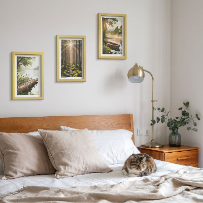 Photo frame wall Peaceful landscapes of the forest and lake with a boat