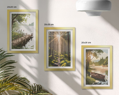 Photo frame wall Peaceful landscapes of the forest and lake with a boat