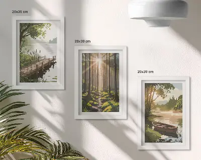 Photo frame wall gallery set peaceful forest and lake landscape with a boat