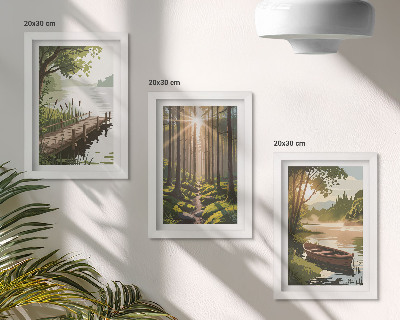Photo frame wall Peaceful landscapes of the forest and lake with a boat