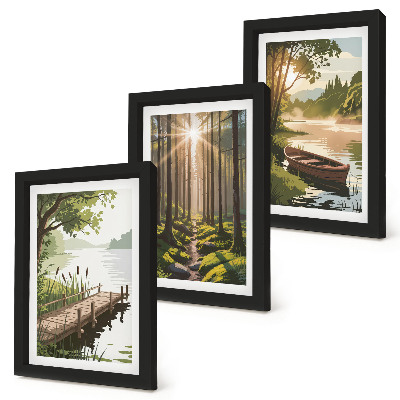 Photo frame wall Peaceful landscapes of the forest and lake with a boat