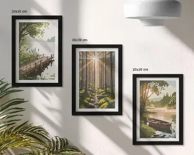 Photo frame wall gallery set peaceful forest and lake landscape with a boat