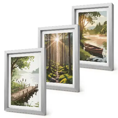 Photo frame wall gallery set peaceful forest and lake landscape with a boat
