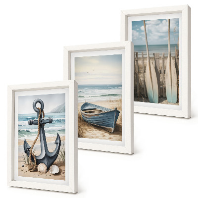 Framed triptych Boat anchor and oars on the beach with the sea