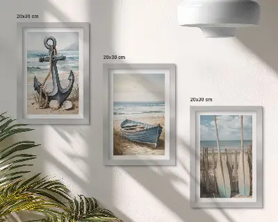 Framed triptych boat anchor and oars on a beach with the sea