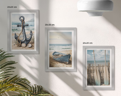 Framed triptych Boat anchor and oars on the beach with the sea
