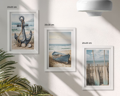 Framed triptych Boat anchor and oars on the beach with the sea
