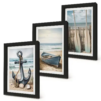 Framed triptych boat anchor and oars on a beach with the sea