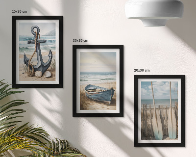 Framed triptych Boat anchor and oars on the beach with the sea