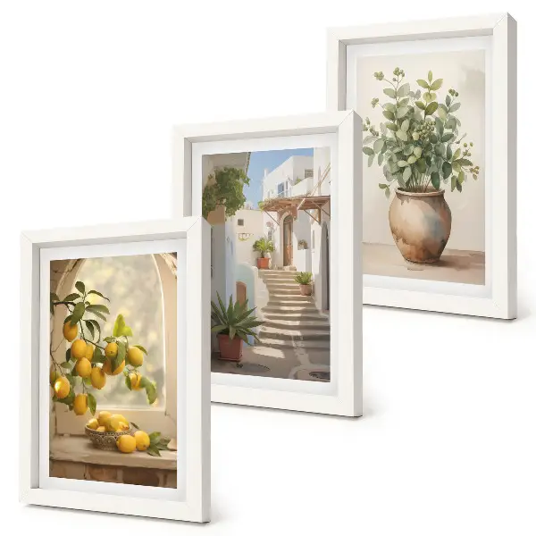 3-piece wall art set featuring lemons in a vase and plants in white architecture