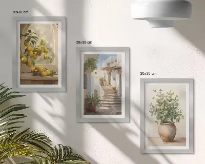 3-piece wall art set featuring lemons in a vase and plants in white architecture