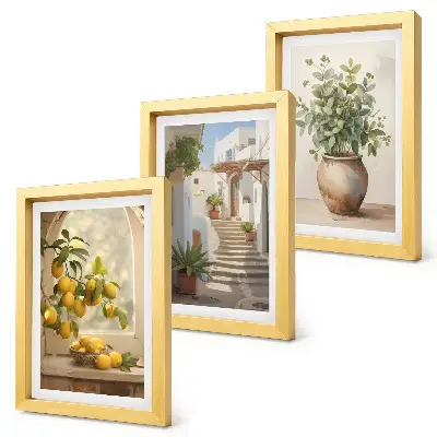 3-piece wall art set featuring lemons in a vase and plants in white architecture