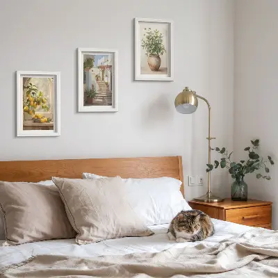 3-piece wall art set featuring lemons in a vase and plants in white architecture