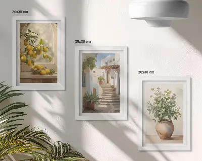 3-piece wall art set featuring lemons in a vase and plants in white architecture