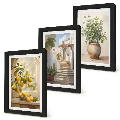 3-piece wall art set featuring lemons in a vase and plants in white architecture