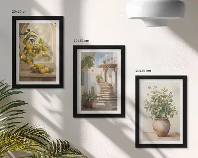 3-piece wall art set featuring lemons in a vase and plants in white architecture