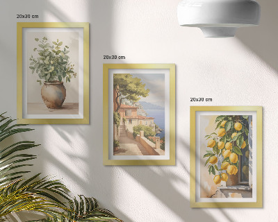 Photo frame wall Flowers in a vase with a view of the sea and lemons