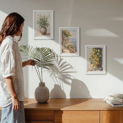 Photo frame wall Flowers in a vase with a view of the sea and lemons