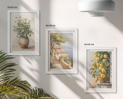 Photo frame wall Flowers in a vase with a view of the sea and lemons