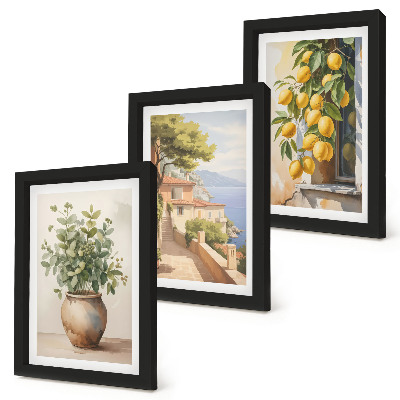 Photo frame wall Flowers in a vase with a view of the sea and lemons