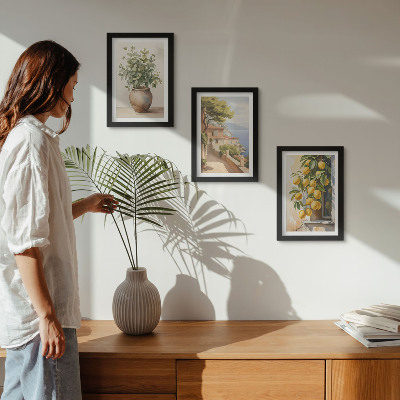 Photo frame wall Flowers in a vase with a view of the sea and lemons