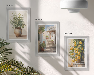 3-piece wall art set Potted plants and lemons against the backdrop of a street