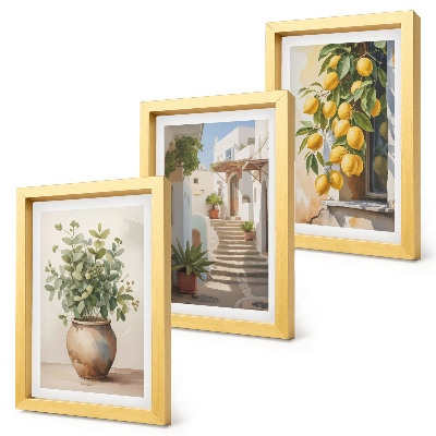 3-piece wall art set Potted plants and lemons against the backdrop of a street