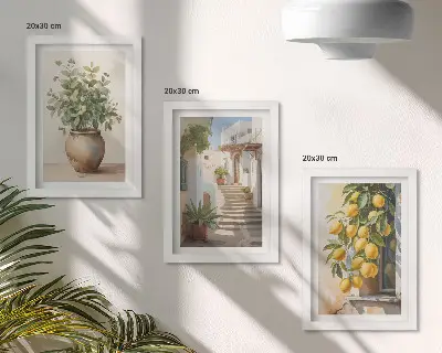3-piece wall art set potted plants and lemons against a street backdrop