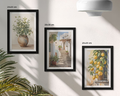 3-piece wall art set Potted plants and lemons against the backdrop of a street