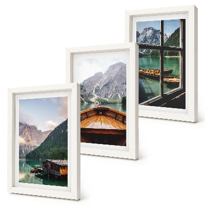 Framed triptych Mountain lake with a boat and wooden houses