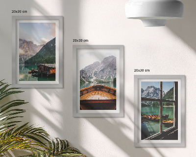 Framed triptych Mountain lake with a boat and wooden houses